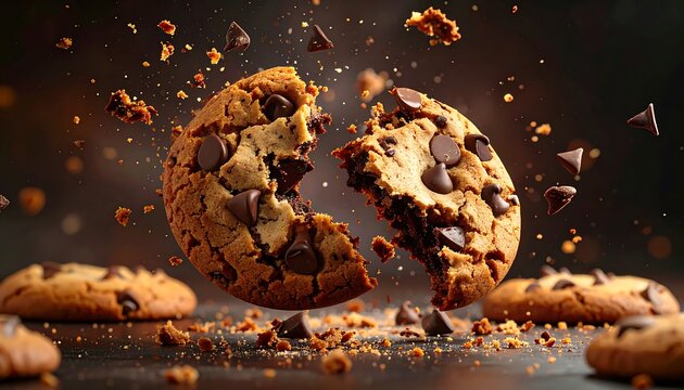 Chocolate chip cookie in mid-air