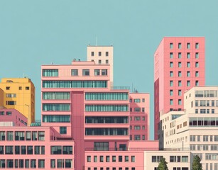 Pastel-toned city buildings against a light blue sky