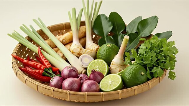 Aromatic Thai cooking ingredients like lemongrass, galangal, kaffir lime leaves, chili, and shallots in a traditional bamboo basket.