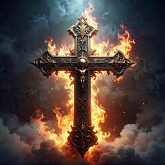 Ornate cross in flames
