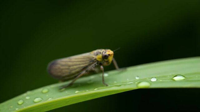 A planthopper insect with a yellow head stands on a dew-covered green leaf against a dark background.  The image is sharply focused on the insect