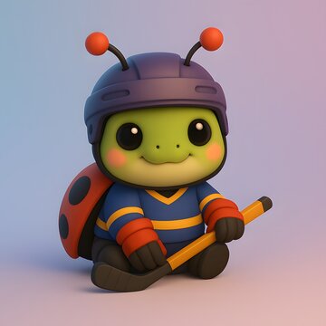 Cute Chibi Ladybug in Ice Hockey Costume with Stick