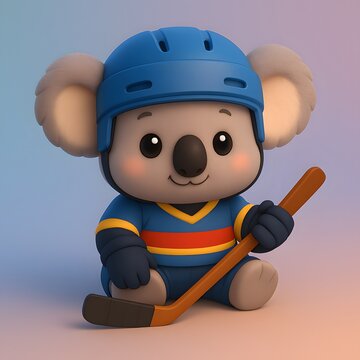 Cute Chibi Koala in Ice Hockey Costume with Stick