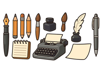 Writing tools and literary artifacts collection with pencils, paintbrushes, ink bottles, typewriter, quill pen, notepad, and ballpoint pen for creative expression and art design, vector illustration
