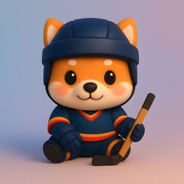 Cute Chibi Shiba Inu in Ice Hockey Costume with Stick