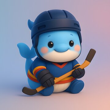 Cute Chibi Rabbit in Ice Hockey Costume with Stick