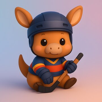 Cute Chibi Kangaroo in Ice Hockey Costume with Stick
