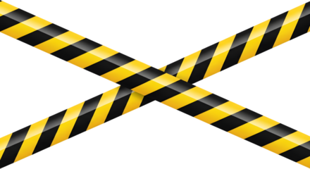 Yellow and black barrier tape crossing each other isolated on transparent background for caution concept