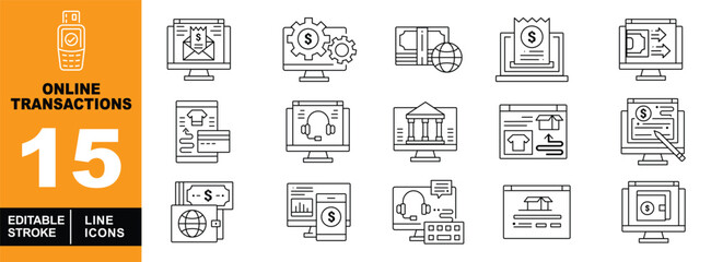 Online Transactions line icon set. Computer, Gear, Money, Globe, Invoice, Transfer, Card, Service, Bank, Shopping, Payment, Wallet, Device, Package, and more. Editable stroke icons collection.

