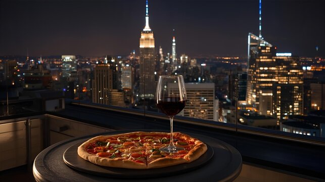 A perfect evening meal with a gourmet pizza and a glass of red wine on a high-rise terrace against the backdrop of a glittering urban cityscape at night