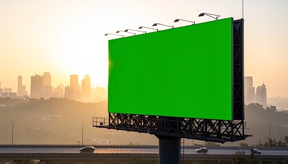 Large green screen billboard overlooking a city skyline at sunset, perfect for advertising and display purposes