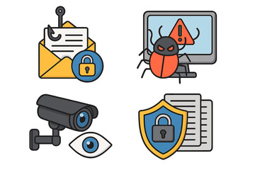 Cybersecurity vector icon set. Phishing email scam, computer malware virus bug, video surveillance cctv, and data protection shield. Internet security and privacy concepts.