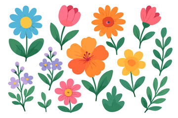 Set of colorful floral illustrations. Vector cartoon collection of vibrant flowers and leaves. Modern flat design for spring and summer. Botanical nature elements isolated.