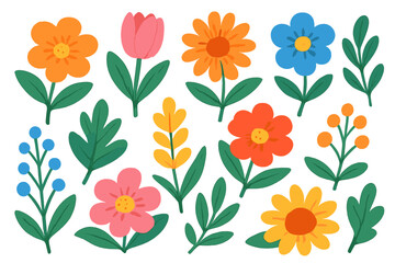 Collection of colorful cartoon flowers. Vector set of simple floral elements. Cute flat illustration with botanical doodles, leaves and blossoms for spring or summer design.