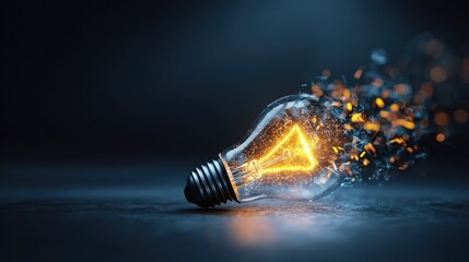 Lightbulb surrounded by floating geometric shapes, symbolizing innovation against dark backdrop