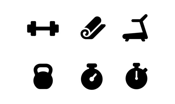 Minimalist fitness icon set featuring gym equipment and stopwatch