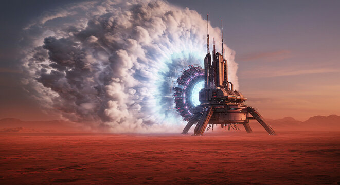Spaceship exiting interdimensional portal on alien planet