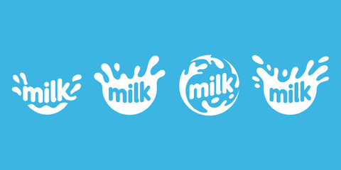Fototapeta premium Collection of Fresh Milk Splash Logos on a Bright Blue Background Dairy Drink Branding Concept