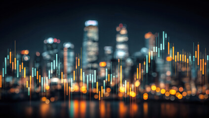 Urban skyline with financial graph overlay, symbolizing market trends and city life at night