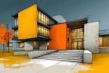 Architectural sketch of modern building with vibrant orange and yellow accents