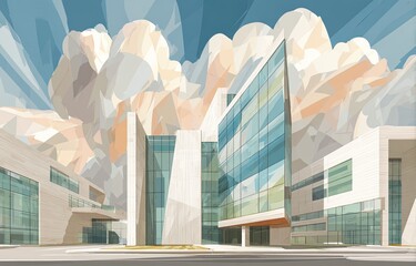 Modern glass and stone buildings under stylized clouds