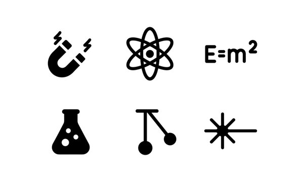 Science icon set featuring physics and chemistry symbols in simple black silhouette style
