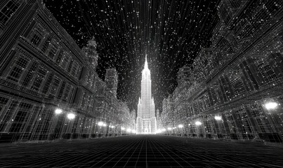 Night city, wireframe, digital