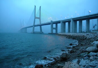Misty morning view of a modern cable-stayed bridge over a calm, dark-blue water body