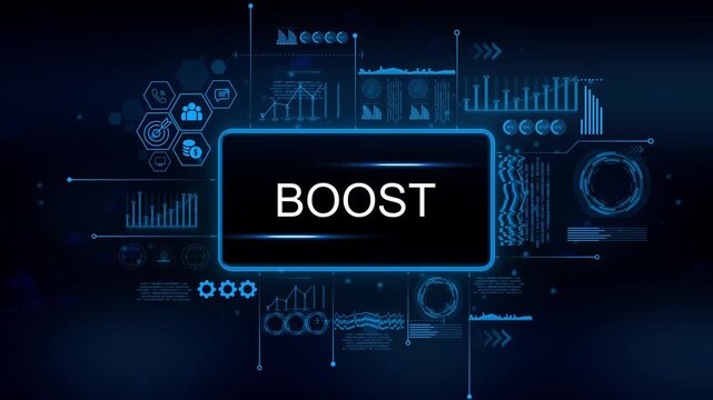 Digital boost concept with futuristic data charts and icons representing growth success and technology advancement