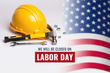 Yellow hard hat, a crucial piece of safety equipment for workers in the construction industry, lies isolated with protective gloves for labor day