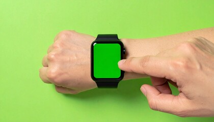 Close up of a hand interacting with a modern smartwatch featuring a blank green screen for mockups, isolated on a matching green background
