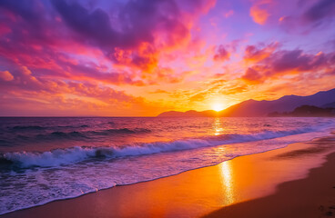 Fototapeta premium A beautiful sunset over the ocean. A dreamy and colorful atmosphere. Gentle waves crash against the sand. The golden light of the setting sun reflects beautifully on the sand.