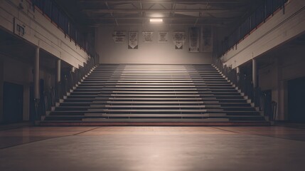 School gym with folded bleachers, dim ambient light, muted neutral palette