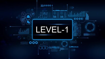 Futuristic digital interface displaying L E V E L 1 progress charts graphs data analytics and technology icons for business growth and success concepts - Powered by Adobe