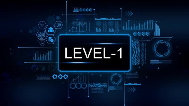 Futuristic digital interface displaying L E V E L 1 progress charts graphs data analytics and technology icons for business growth and success concepts