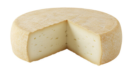 Creamy Delicious Cheese Wheel with a Slice Cut Out on a Beige Background