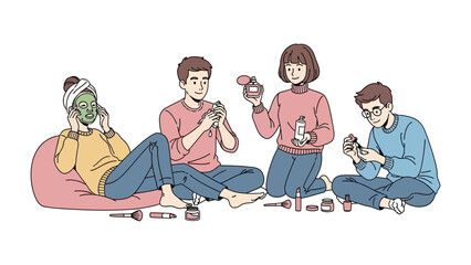 Four diverse young adults casually sitting on the floor and beanbag chair enjoying drinks and playing video games together in a relaxed indoor setting