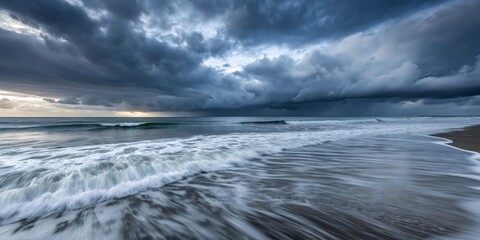 Stormy seascape with dark clouds gathering over the ocean and waves rolling onto the shore.