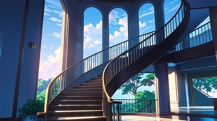 Fototapeta premium Anime-style staircase interior, spiraling stairs, magical lighting, 3D rendering