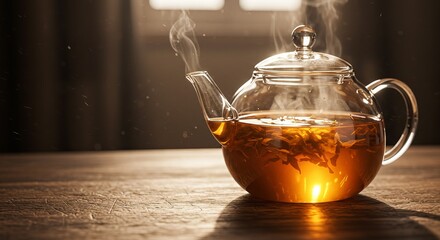Steaming glass teapot filled with golden tea offers warmth and comfort for a relaxing afternoon, perfect for wellness and lifestyle content