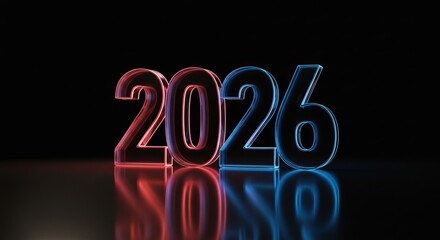 Bold 2026 illuminated in vibrant red and blue neon against a sleek black background, perfect for futuristic tech and business marketing