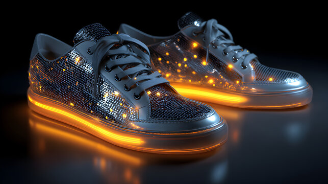 Futuristic Light-Up Sneakers on a Dark Background
