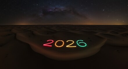 Vibrant neon 2026 glowing over desert dunes under starry night sky, creating a futuristic New Year scene