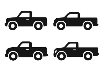 Set of black pickup truck silhouettes. Vector icon collection of various transport vehicles. Simple car graphic. Automobile illustration for logo or web design elements. Side view.