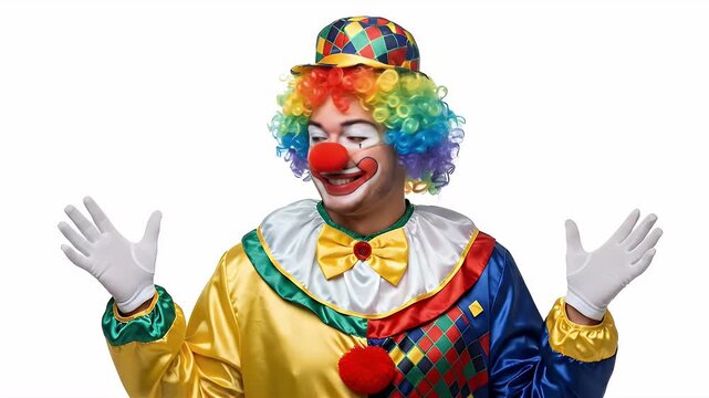 A happy and surprised clown in a colorful costume with a rainbow wig, isolated on a white background.