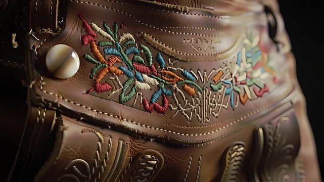 Intricate colorful embroidery and horn buttons detailed on a pair of traditional leather lederhosen, close-up focus on craftsmanship.
