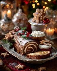 Fototapeta premium table with traditional Christmas desserts: yule log cake, gingerbread, cookies