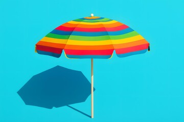 Obraz premium Colorful Striped Umbrella on Cyan Background for Summer, Beach, and Vacation Concept