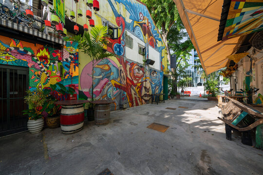 Singapore - April 10 2020: Colorful street at Haji lane without people amid COVID-19 pandemic