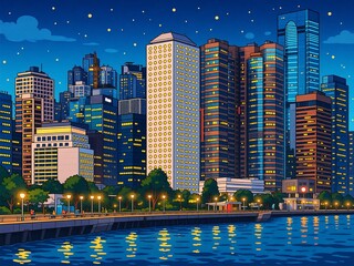 Fototapeta premium Hong Kong's vibrant urban landscape at night. Illuminated skyscrapers line the waterfront, reflecting on calm waters under a starry sky.
